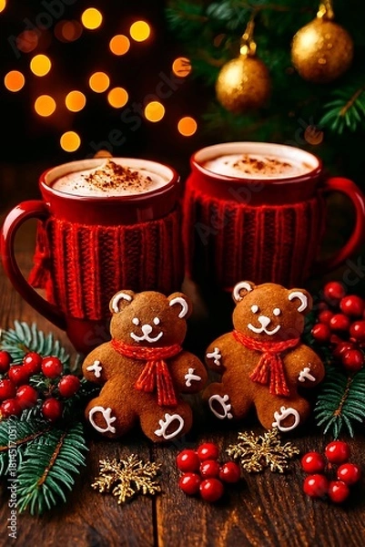 Fototapeta Two gingerbread teddy bears with hot cocoa by christmas light