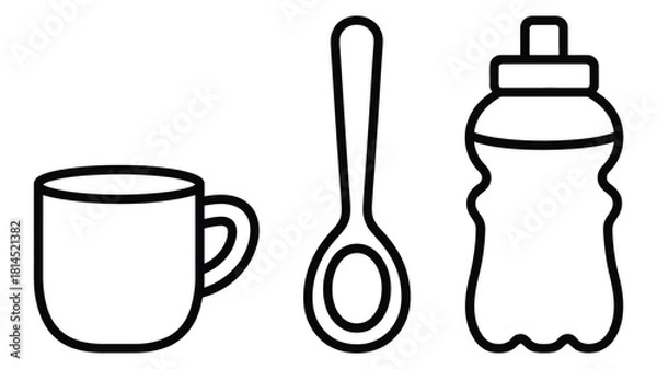 Fototapeta Minimalist outline of a mug spoon and water bottle for design