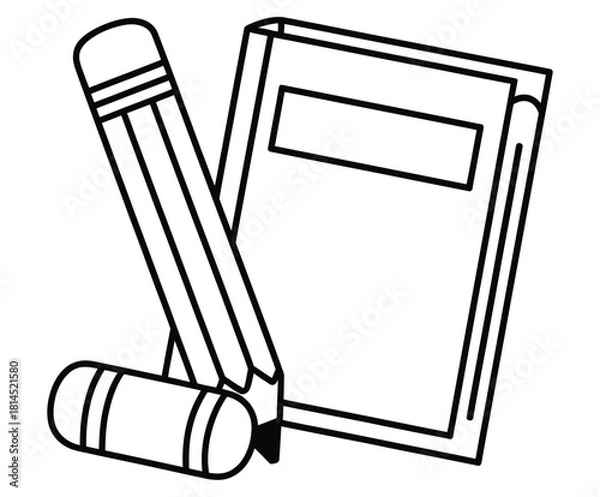 Fototapeta Simple line art of school supplies with a notebook and pencil