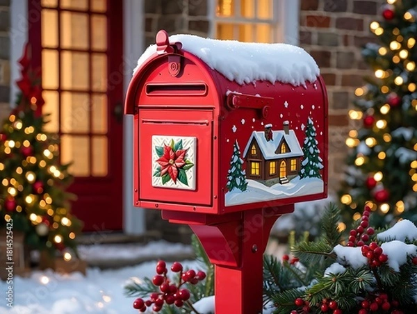 Fototapeta Red christmas mailbox decorated with snow and holiday scene