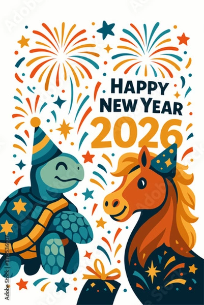 Fototapeta 2026 New Year festive scene with playful cartoon animals celebrating with fireworks