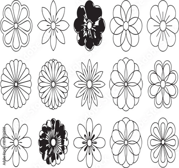 Obraz Collection of fifteen stylized flower icons in black and white