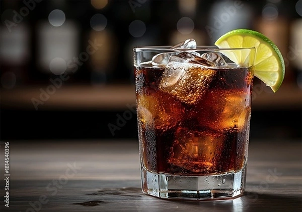 Obraz A Refreshing Glass Of Cold Cola With Ice Cubes And A Fresh Lime Wedge On A Rustic Wooden Bar Counter, Featuring A Soft Blurred Bokeh Background.