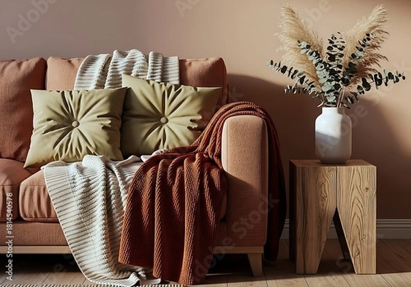 Obraz A Warm And Inviting Living Room Corner Featuring A Cozy Sofa With Decorative Pillows, Knitted Throws, And Natural Dried Arrangements In A Vase.