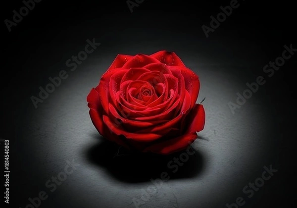 Obraz A Lush Red Rose Adorned With Tiny Water Droplets Is Illuminated Against A Deep, Mysterious Shadowy Backdrop, Embodying Passion And Elegance.