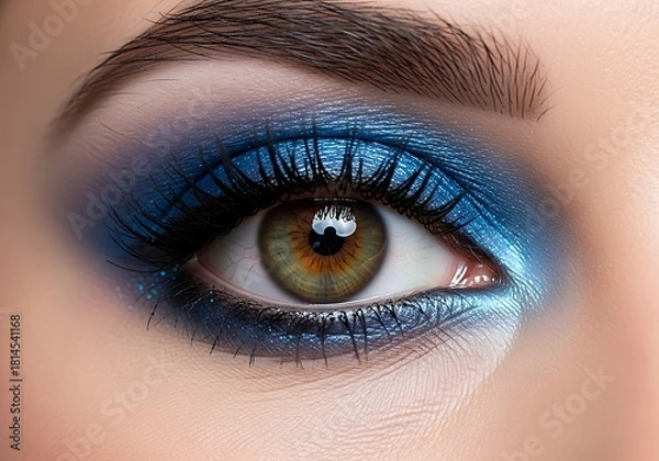 Fototapeta A Detailed Close Up Of A Female Eye Adorned With Vibrant Blue Eyeshadow And Long Eyelashes, Highlighting Exquisite Makeup Application And Beauty.