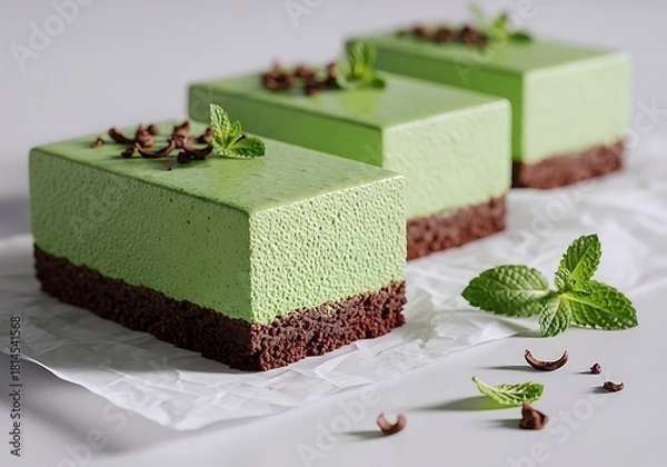 Obraz Elegant Matcha Mousse Desserts Layered With Rich Chocolate Cake And Fresh Mint Garnish. A Perfect Sweet Treat For Any Occasion.