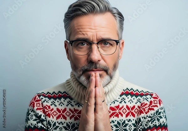 Obraz A Mature Man With Glasses And Gray Hair And Beard Wears A Festive Fair Isle Sweater While His Hands Are Clasped In A Thoughtful Gesture.