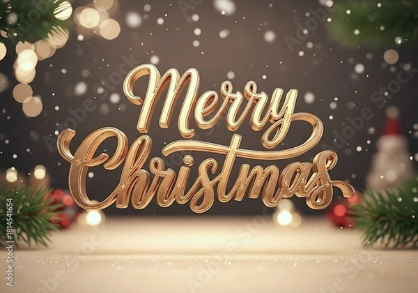 Obraz A Festive Golden Merry Christmas Message With Sparkling Snow Warm Bokeh Lights And Subtle Holiday Decorations Perfect For Seasons Greetings