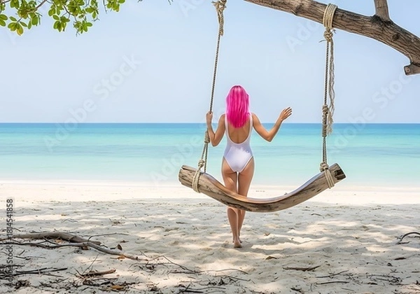 Obraz A Woman With Vibrant Pink Hair Enjoys A Relaxing Moment On A Wooden Swing Overlooking The Tranquil Turquoise Ocean And White Sandy Beach Of A Tropical Paradise.