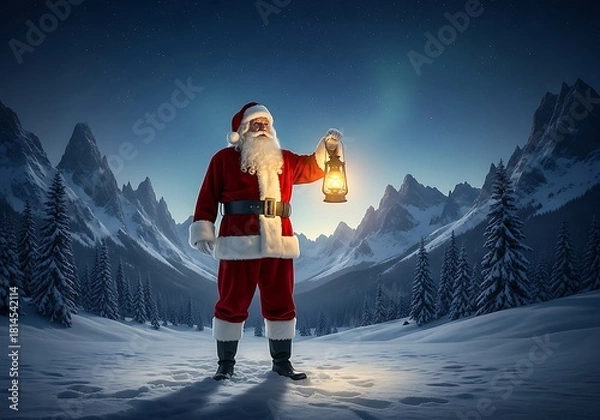Obraz Santa Claus Stands In A Snowy Mountain Landscape Holding A Glowing Lantern Beneath A Celestial Aurora Borealis Night Sky.