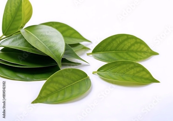 Obraz Fresh Green Leaves Arranged On A Clean White Background, Representing Nature, Growth, And Purity. Ideal For Organic And Wellness Themes.