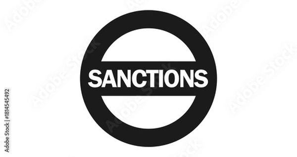 Fototapeta Black text SANCTIONS inside circular stamp isolated on transparent background. Vector symbol, sign. Global trade bans, government restrictions, tariffs, financial blockade, economic warfare