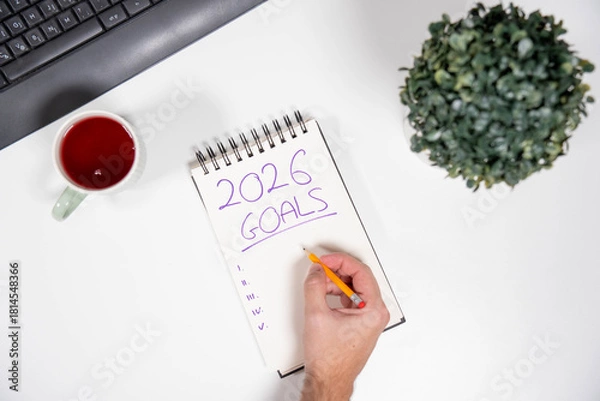 Fototapeta POV of a male hand writing a 2026 Goals list on a notepad. Represents taking action, commitment, business planning, and setting targets.