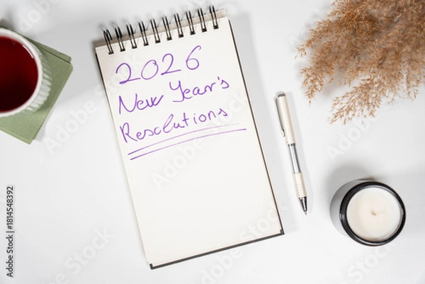 Fototapeta Handwritten 2026 New Year's Resolutions on a notepad with aesthetic dried grass and a candle. Concept of personal growth, mindfulness, and future planning.