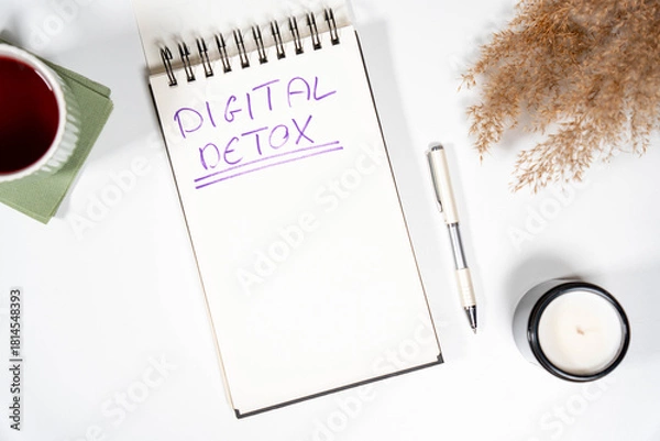 Fototapeta  Digital Detox text on a notepad surrounded by calming elements like a candle and tea. Concept of mental health, unplugging from technology, and wellness.