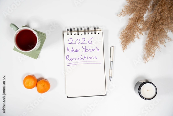 Obraz 2026 New Year's Resolutions notebook with fresh tangerines and tea. Symbolizes health goals, diet changes, and a fresh start for the upcoming year.