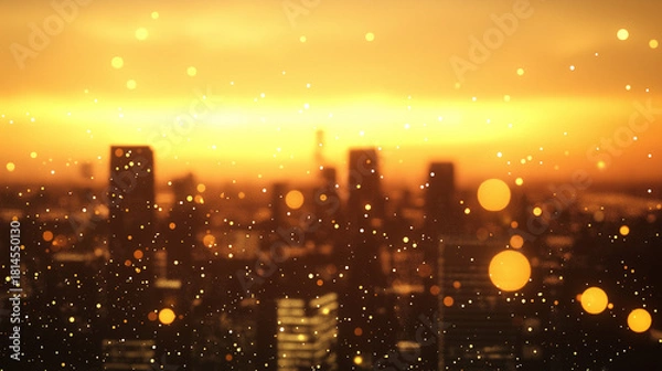 Fototapeta Golden city skyline at sunset with sparkling bokeh creates a magical urban atmosphere perfect for modern designs