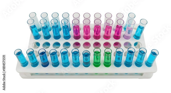 Fototapeta Multicolor fluids in test tubes shine. Perfect for science, medical, educational materials, or digital posters.