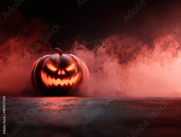 Obraz Illuminated jack o lantern with a sinister grin surrounded by red smoke against a dark background