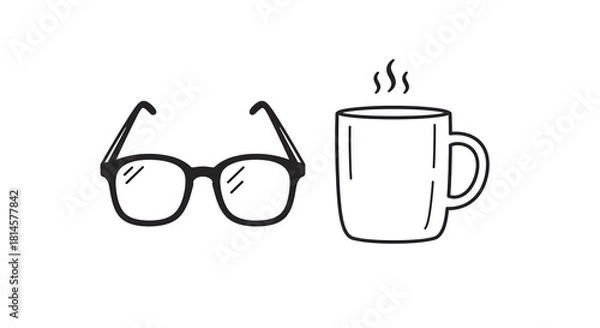 Obraz Black outlines depict eyeglasses and coffee mug. Simplistic style suits blog illustrations, website graphics, or social media design for intellectual and beverage themes.