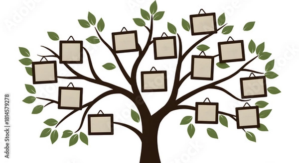 Fototapeta Brown tree branch, minimalist art displays family photos. Use for genealogy, family history posters, website graphics, or digital design projects.