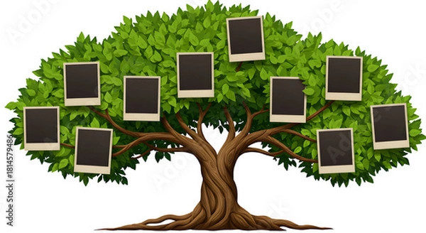 Obraz Green leafy tree displays blank picture frames. Family tree illustration for genealogy, family history projects.