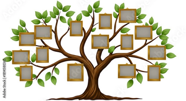 Obraz Family Tree with Gold Frames displays ancestors. Perfect for genealogy projects, family history presentations, and decorative design.