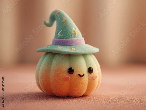 Obraz A cute pumpkin wearing a witch hat with stars and a moon on a pink surface with a blurred background