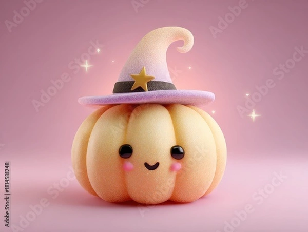 Obraz Cute pumpkin wearing a witch hat with a star on a pink background with sparkles around it halloween