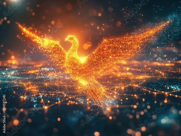 Obraz Glowing phoenix rising above digital city landscape with connected dots and lines in orange and blue hues
