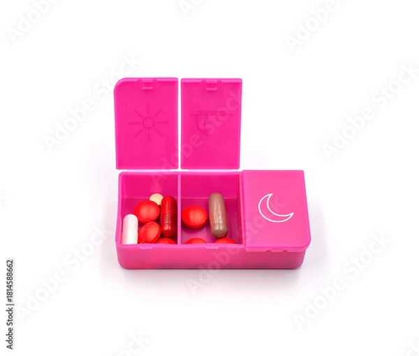 Fototapeta A pill organizer with compartments on a white background. A pillbox for daily medications for maintaining good health.