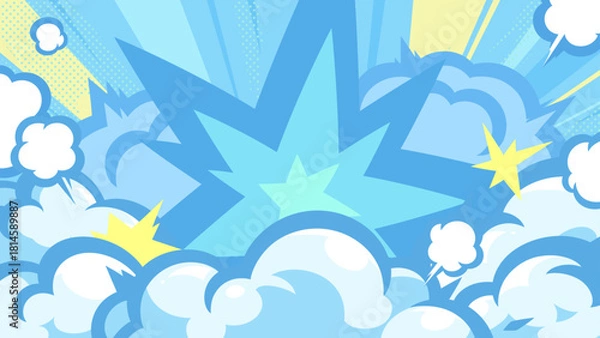 Fototapeta アメコミ風の衝撃の煙と光の背景イラスト_水色_16:9