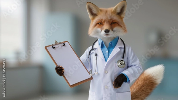 Fototapeta Funny fox dressed as a doctor holding a clipboard in a medical office during daytime Generative AI