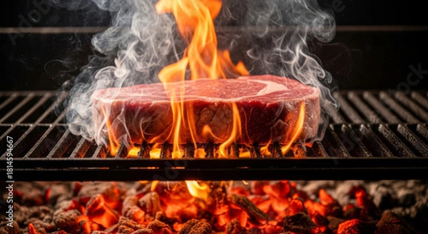 Fototapeta Grilling a perfectly marbled steak over sizzling flames in a backyard setting during summer evening gathering Generative AI