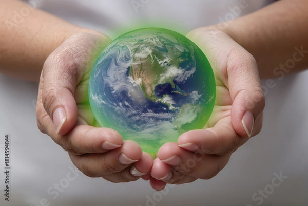 Fototapeta Hands hold a glowing globe representing care for the Earth and future generations in a hopeful display of unity Generative AI