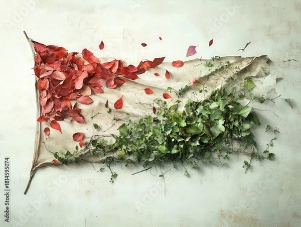 Obraz Flag made of red leaves and green vines on a beige cloth against a white textured background surface