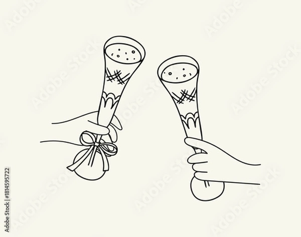 Fototapeta Vintage champagne glasses in hands raised to toast. Vector outline illustration of elegant glasses to celebrate