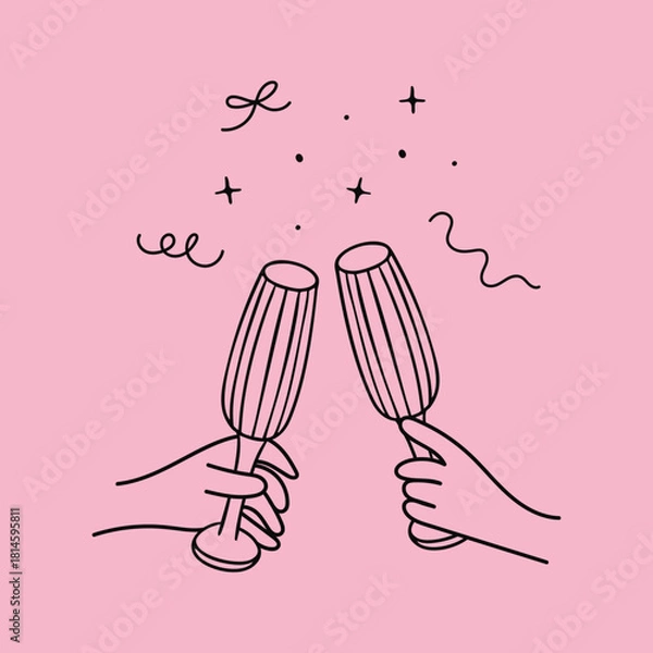 Obraz Clinking champagne glasses in hands with festive doodles. Hands raising glasses to toast. Vector outline illustration