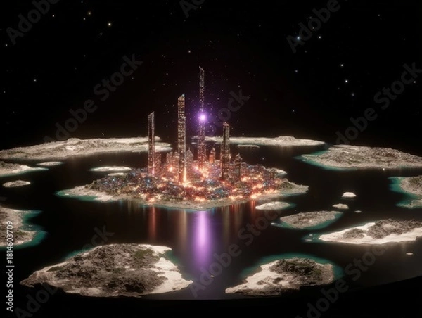 Obraz Futuristic city skyline on an island surrounded by water under a starry night sky with light reflections