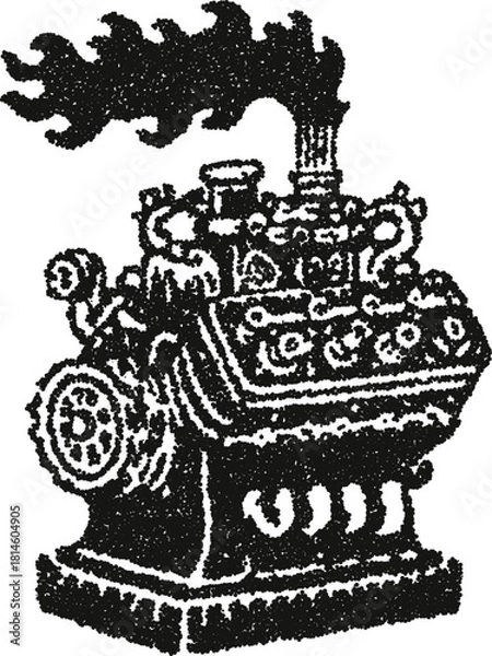 Obraz Industrial engine vector illustration with pipes and smoke in mechanical vintage stipple dotwork style
