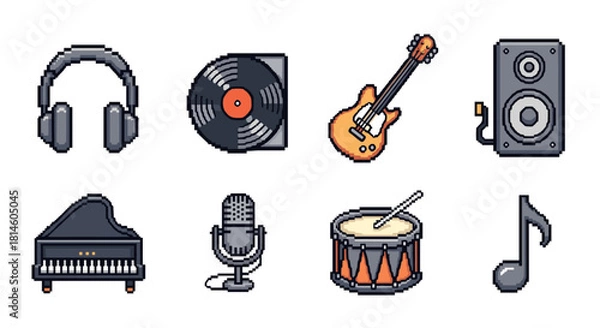 Obraz Retro 8-bit music icons set: headphones, vinyl, guitar, and more
