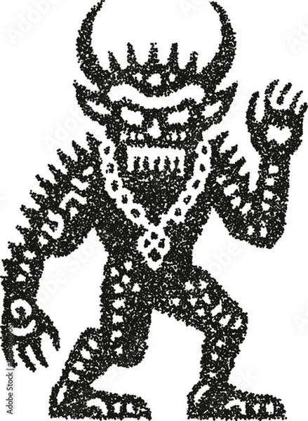 Obraz Walking devil monster vector illustration with horns and spotted body in playful vintage stipple dotwork style

