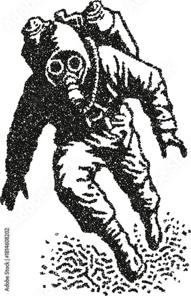 Obraz Person wearing gas mask vector illustration running in hazmat suit in vintage stipple dotwork style
