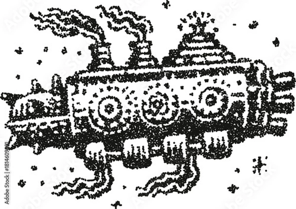 Obraz Steampunk airship vector illustration with gears and smoke in vintage stipple dotwork style
