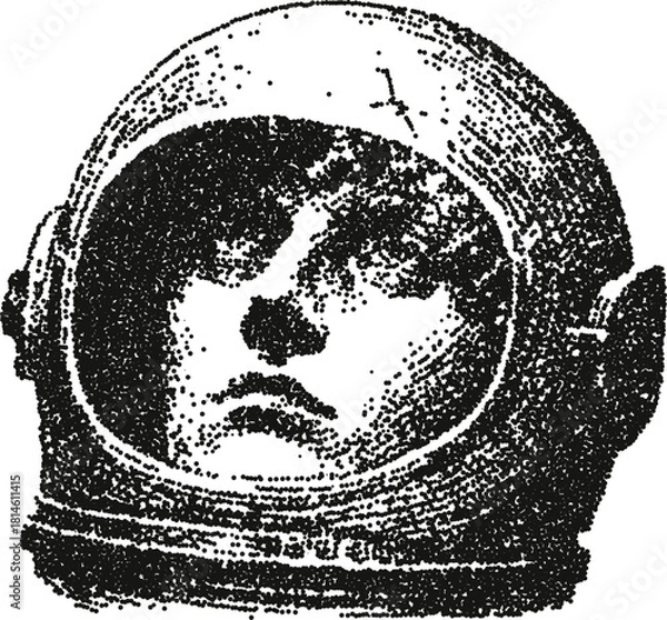 Fototapeta Astronaut woman face inside helmet looking up vector illustration in stipple dotwork art style
