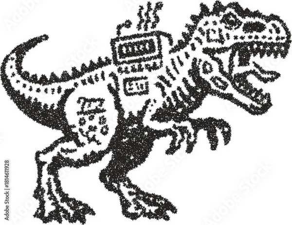 Obraz Mechanical T-Rex dinosaur vector illustration with robot parts in vintage stipple dotwork style

