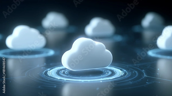 Fototapeta White cloud icons floating on glowing blue digital platforms cloud computing technology