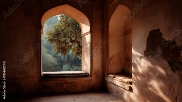 Fototapeta Warm sunlight streaming into a weathered stone alcove highlights worn cushions and an arched window framing a tranquil view of lush green foliage