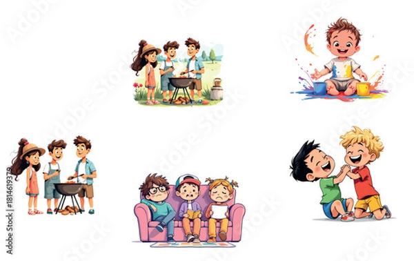 Fototapeta Vsai children friends engaging various activities illustration set